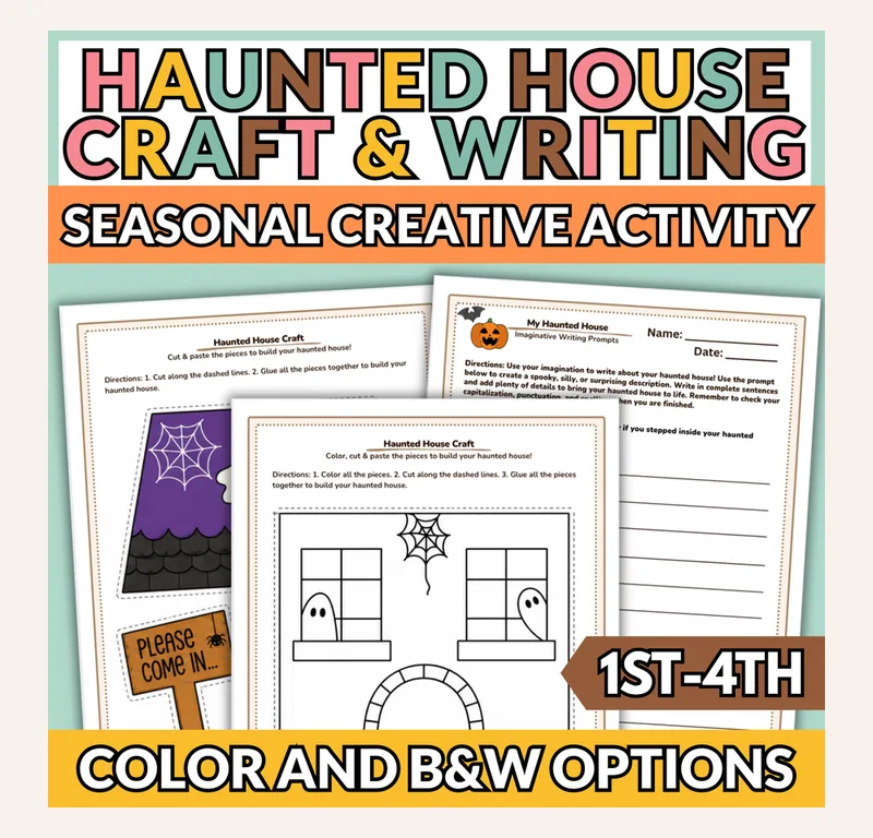Haunted House craft and writing activity, in colour and black-and-white versions